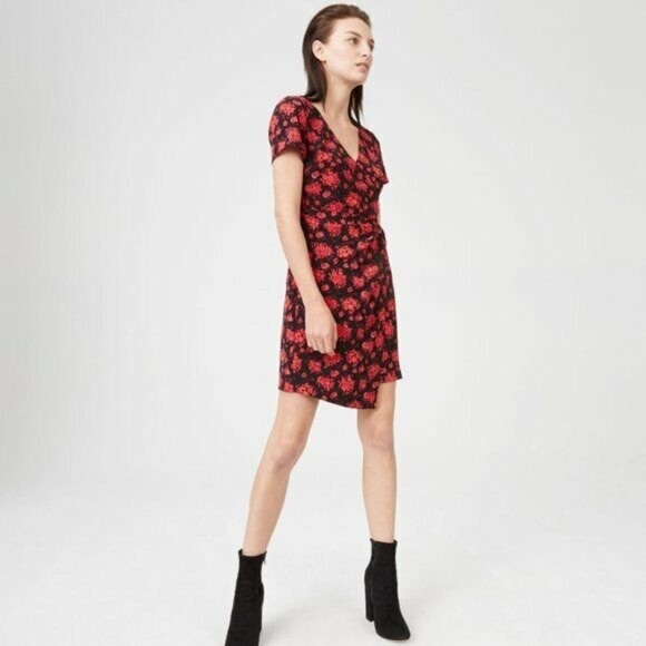 CLUB MONACO - Women’s Black & Red Esquinah Floral Wrap-Style Mini Dress, Size 10 - Picture 2 of 9